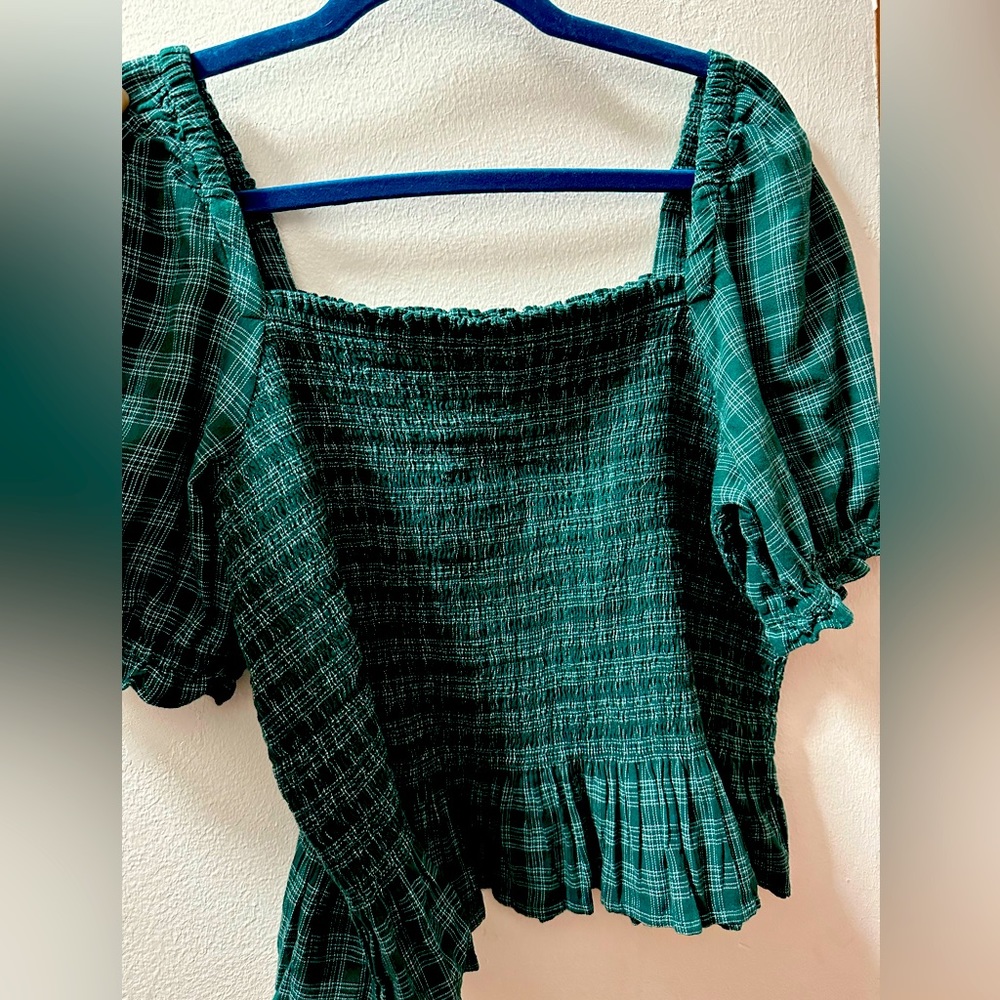Smocked J. Crew peplum top L green plaid